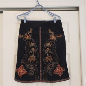 ENANETTE LEPORE Brown Corduroy Skirt Size 4 Pencil Floral mbroidered Black Skirt